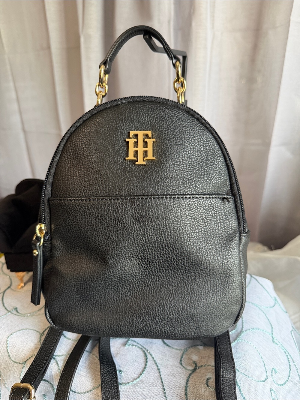 Tommy Hilfiger Black Pebbled Leather Mini Backpack with Gold Logo
